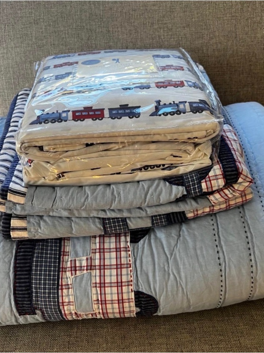 Pottery Barn Kids Train Patchwork Quilt - Blue/Red/Tan